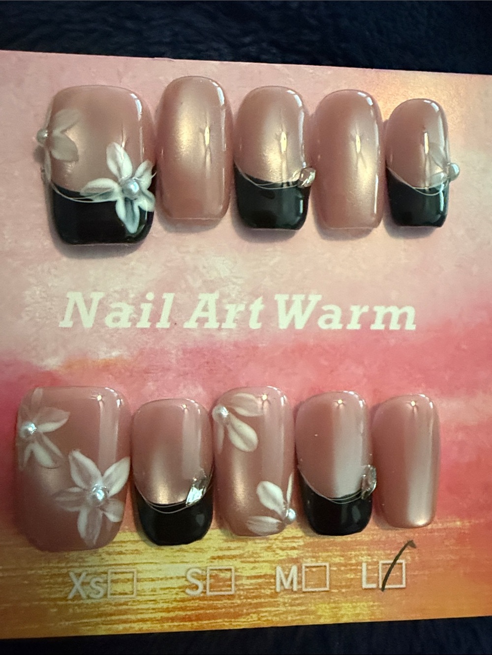 Nude Pink cateye handmade Press-On Nails with Black Tips & White Floral Accents